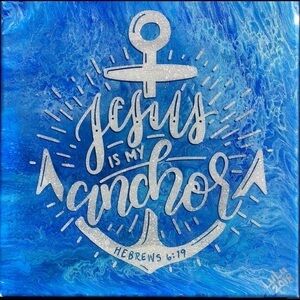 𝅺CUSTOM Inspirational 12” square Blue Silver Ocean Acrylic Pour & Resin Wall Art